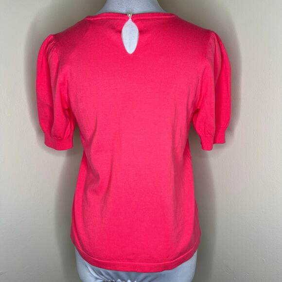 CeCe Knit Top Medium Pink Sweater Puff Sleeve Ribbed Crew Neck Cotton Minimalist - Picture 4 of 10